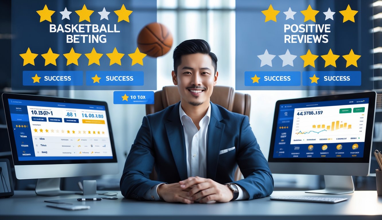 Seorang profesional duduk di meja dengan perangkat digital yang menampilkan statistik bola basket dan ikon ulasan positif.