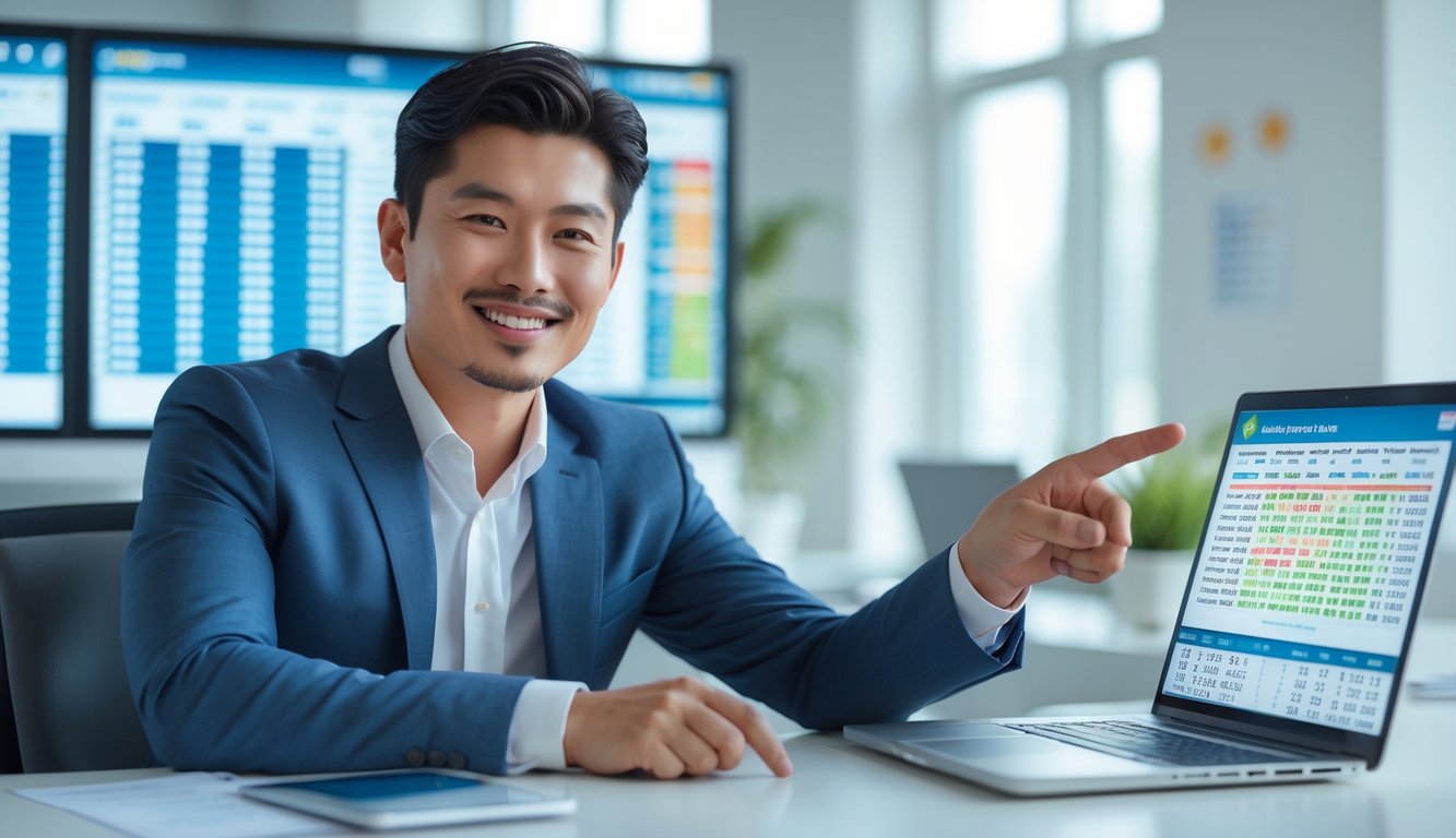 Seorang pria Asia duduk di meja kantor modern dengan laptop terbuka, tersenyum dan menunjukkan layar laptop.