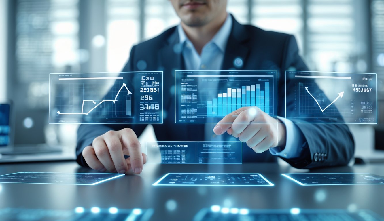 Seorang profesional bisnis sedang memeriksa grafik keuangan dan data digital di kantor modern.