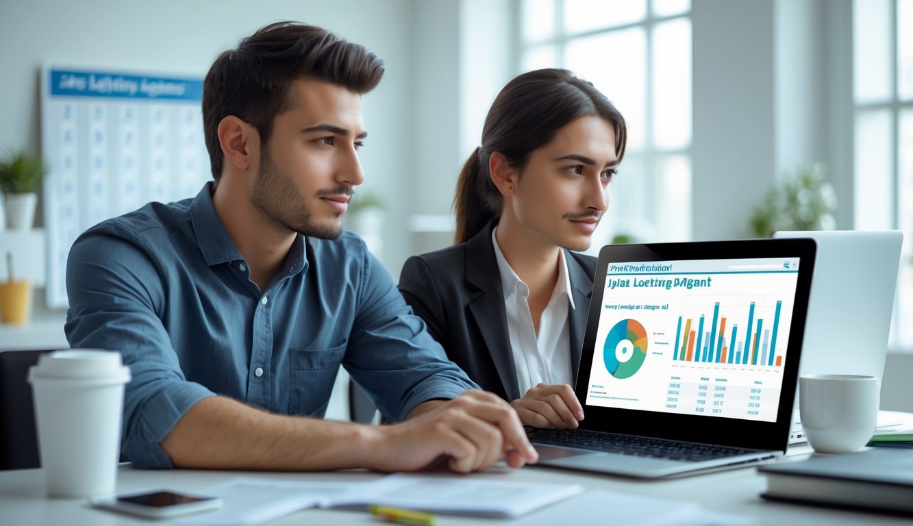 Seorang pria dan wanita muda duduk di meja kantor modern sambil melihat layar laptop dengan fokus, di lingkungan kantor yang terang dan rapi.