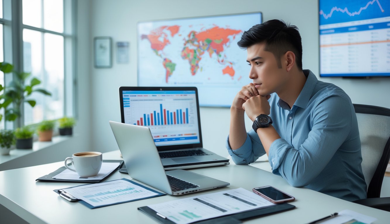 Seorang dewasa muda duduk di meja kantor modern dengan laptop, menganalisis data dan grafik, menunjukkan suasana kerja yang profesional dan aman.