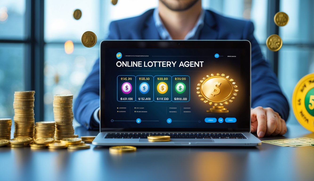Seseorang menggunakan laptop di meja kerja modern dengan elemen koin emas dan tiket lotre di sekitar, menggambarkan agen togel online terbaik dengan bonus besar.