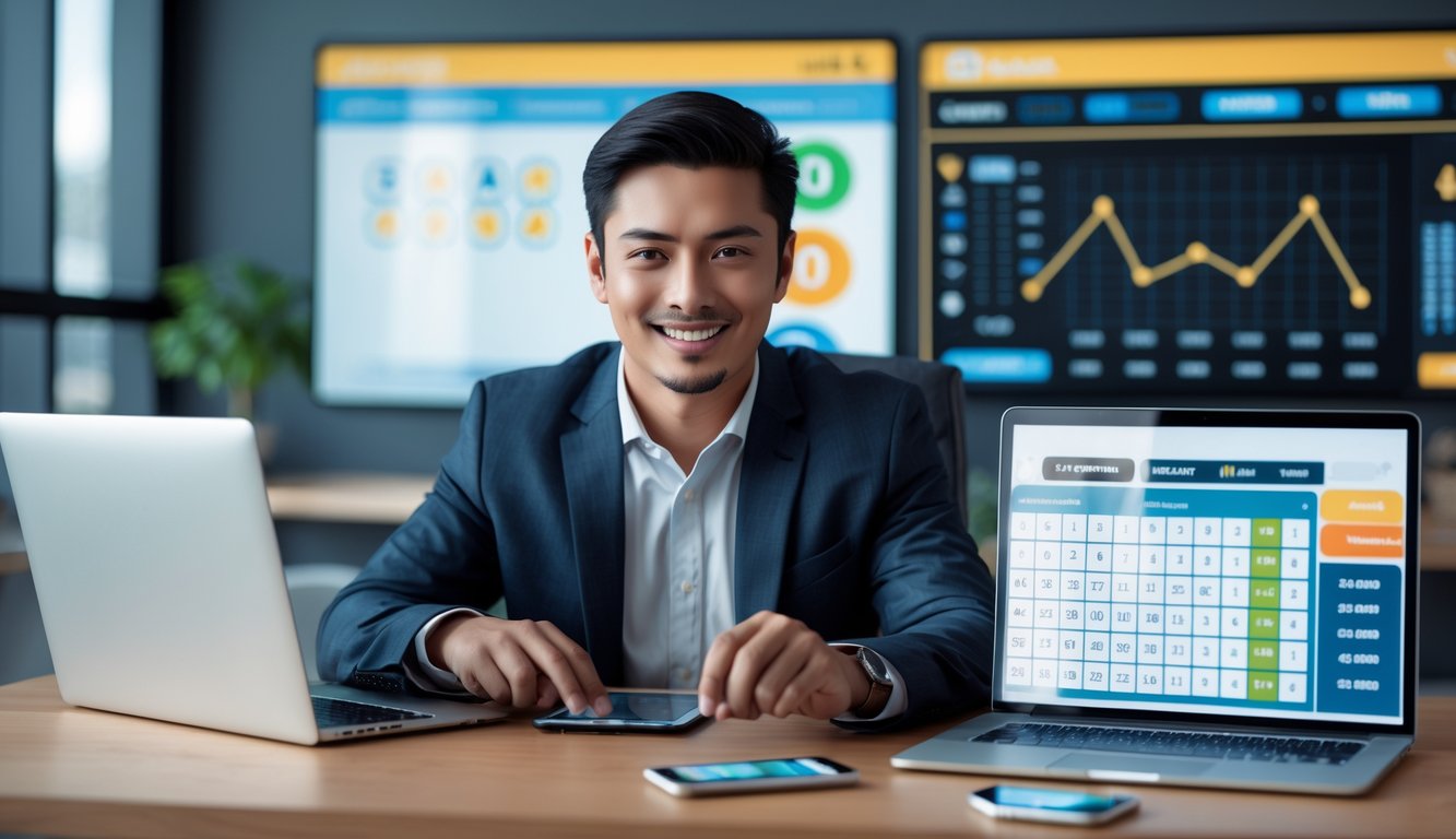 Seorang pria muda duduk di meja dengan laptop dan ponsel yang menampilkan angka togel, di ruang kantor modern.