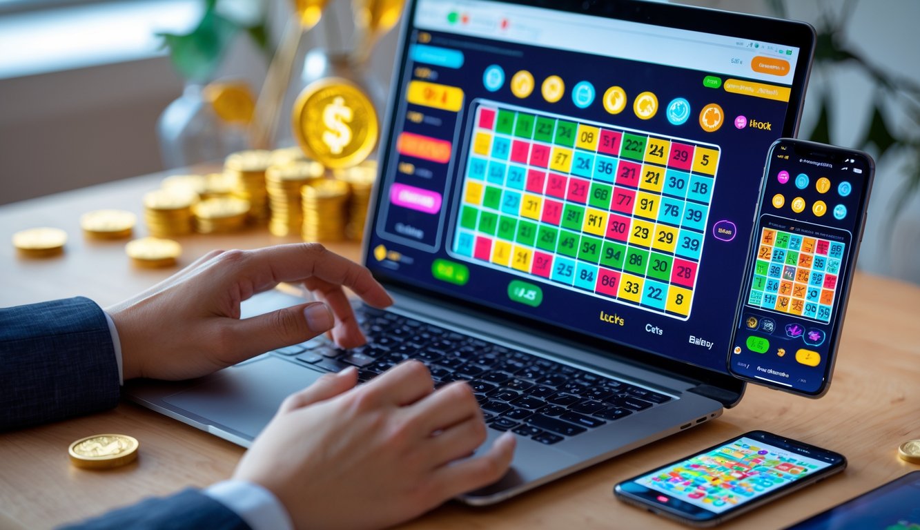 Sebuah ruang kerja modern dengan laptop dan ponsel yang menampilkan permainan togel online, tangan seseorang sedang berinteraksi dengan perangkat tersebut.