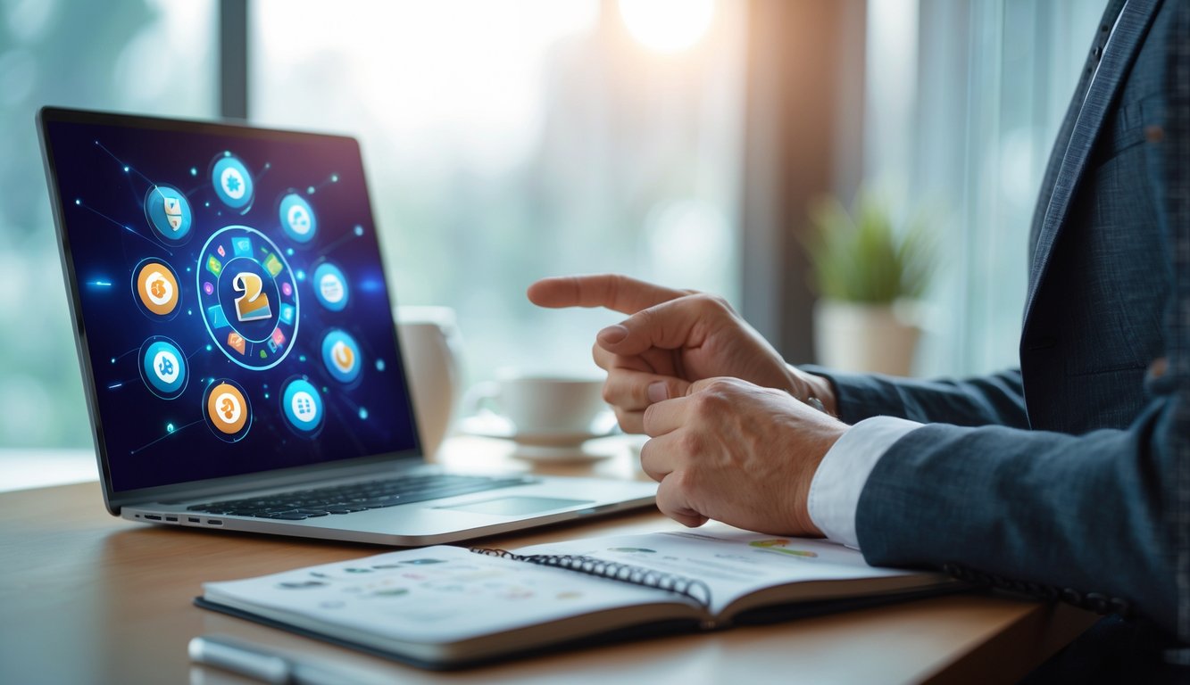 Seseorang sedang memilih opsi di layar digital dengan latar belakang meja kerja modern.