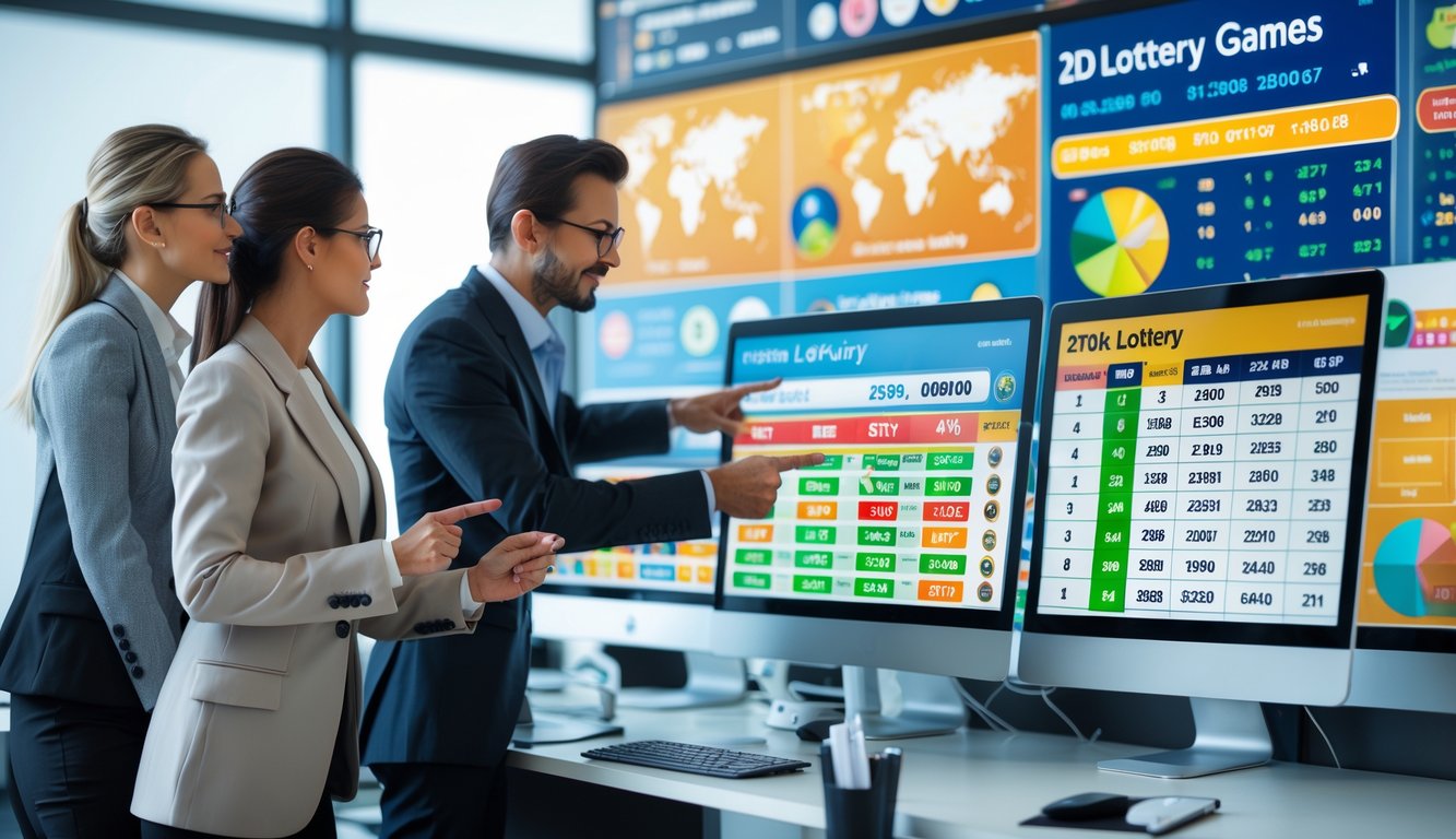 Sekelompok profesional sedang bekerja bersama di kantor modern dengan beberapa monitor menampilkan data dan grafik terkait permainan togel 2D.