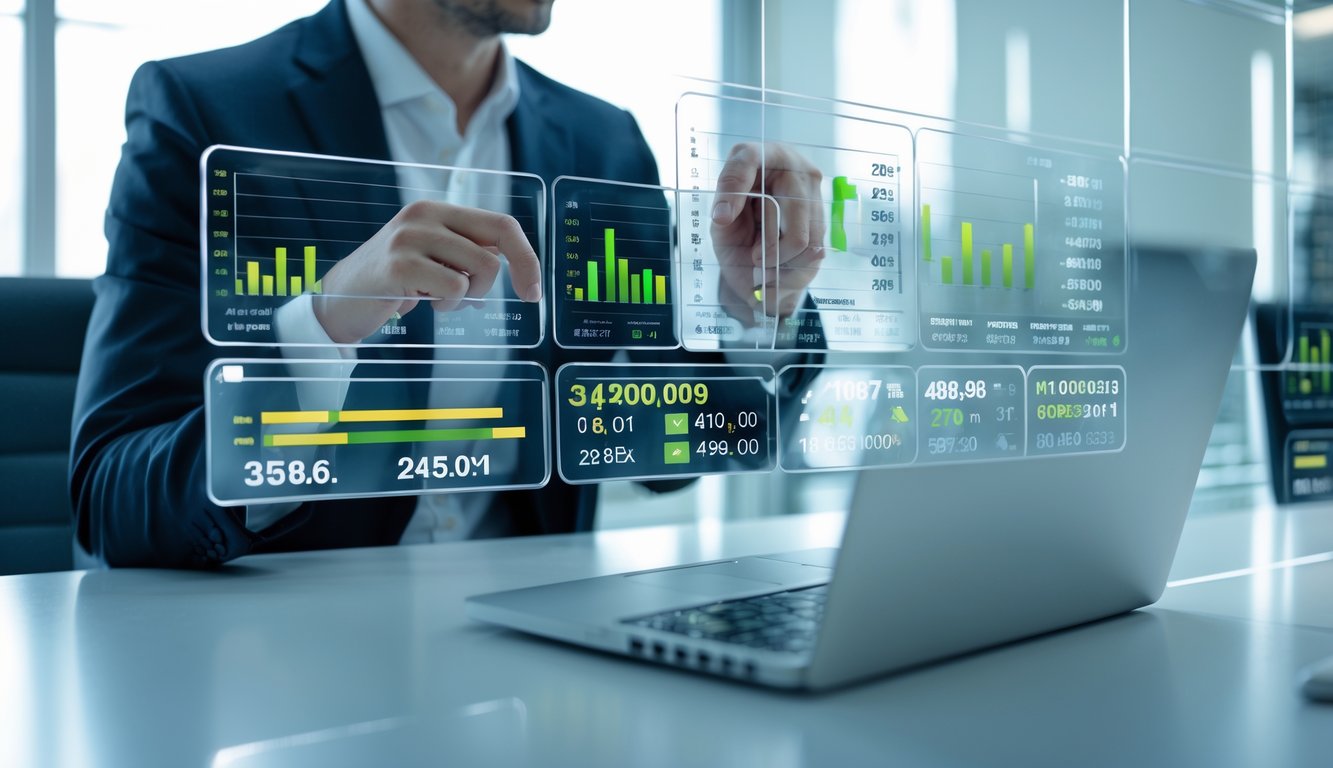 Seorang profesional sedang menganalisis data pada layar digital di kantor modern.