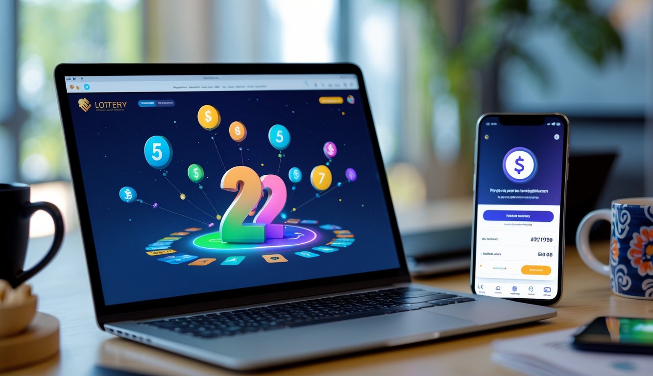 Meja kerja modern dengan laptop dan ponsel yang menampilkan aplikasi pembayaran digital dan grafik angka lotre, di latar belakang suasana kantor yang rapi.