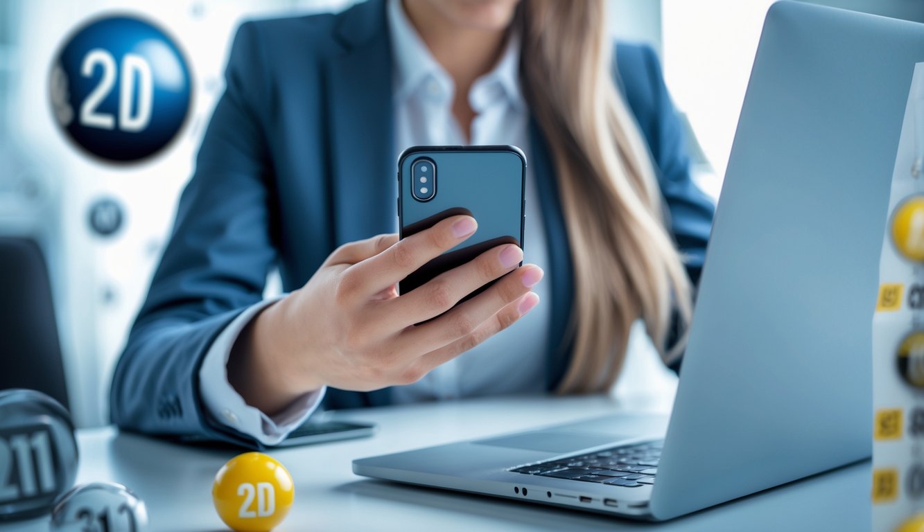 Seseorang menggunakan ponsel dan laptop di meja kerja yang rapi dengan latar belakang angka dan bola lotere yang samar.