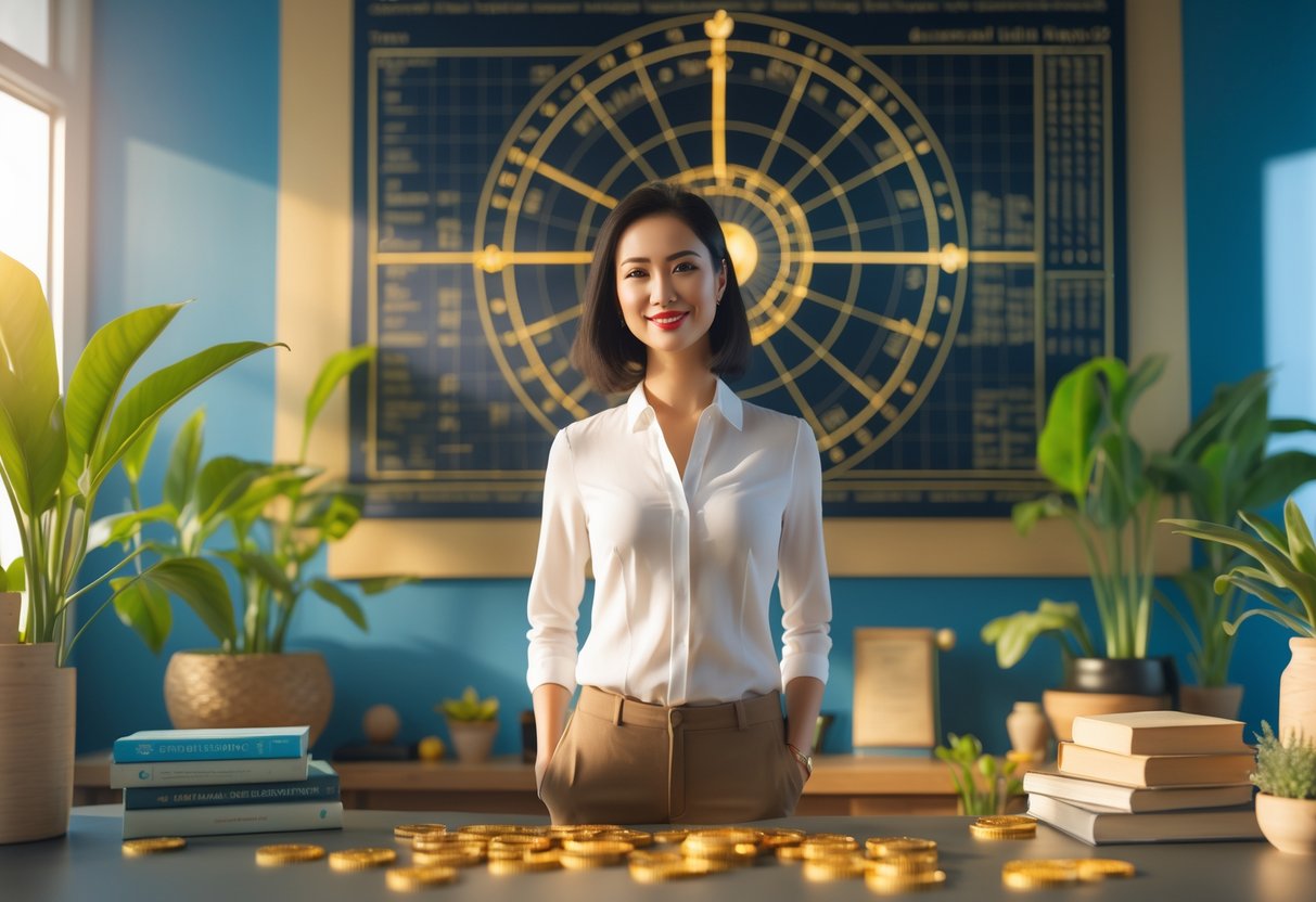 A confident person standing in a sunlit room with plants, golden coins, and an astrological chart highlighting Jupiter in the second house.