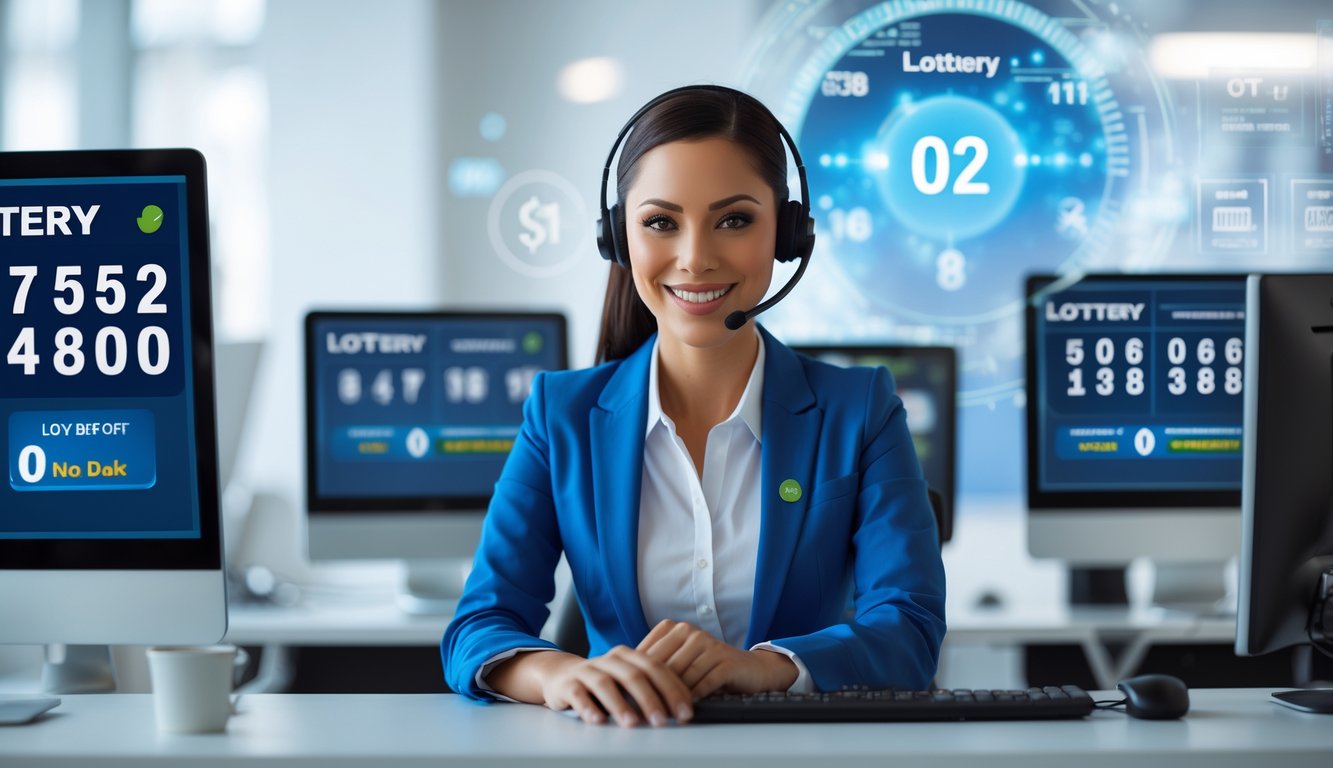 Seorang perwakilan layanan pelanggan di kantor modern dengan beberapa layar komputer yang menampilkan angka lotere dan konfirmasi transaksi.