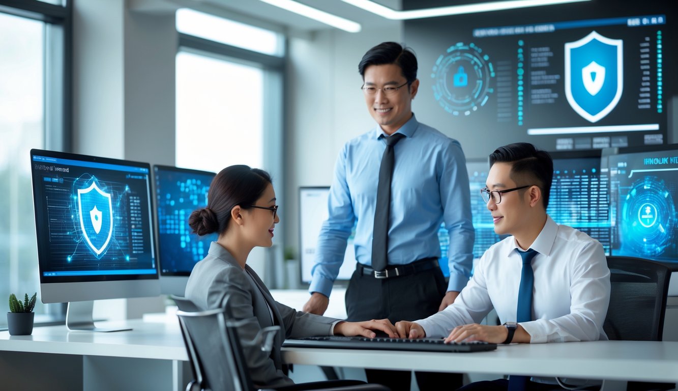 Dua profesional sedang bekerja bersama di kantor modern dengan komputer yang menampilkan grafik keamanan digital.