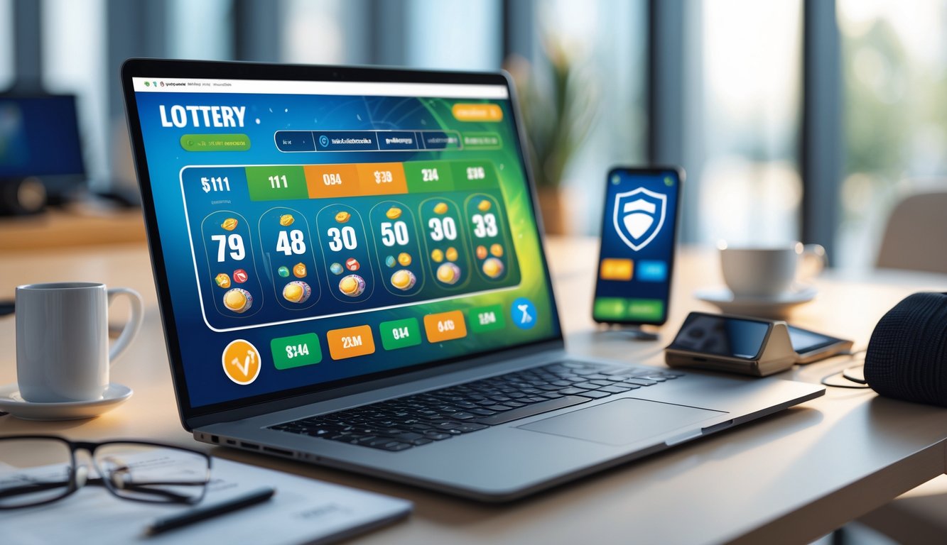 Meja kerja modern dengan laptop yang menampilkan antarmuka permainan togel online, dilengkapi dengan ponsel dan cangkir kopi di sekitarnya.