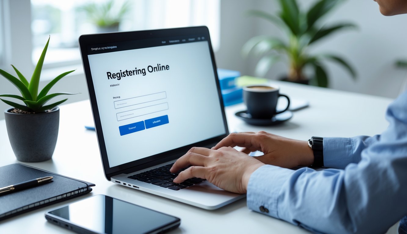 Seseorang sedang mendaftar secara online menggunakan laptop di meja kerja dengan suasana yang rapi dan terang.