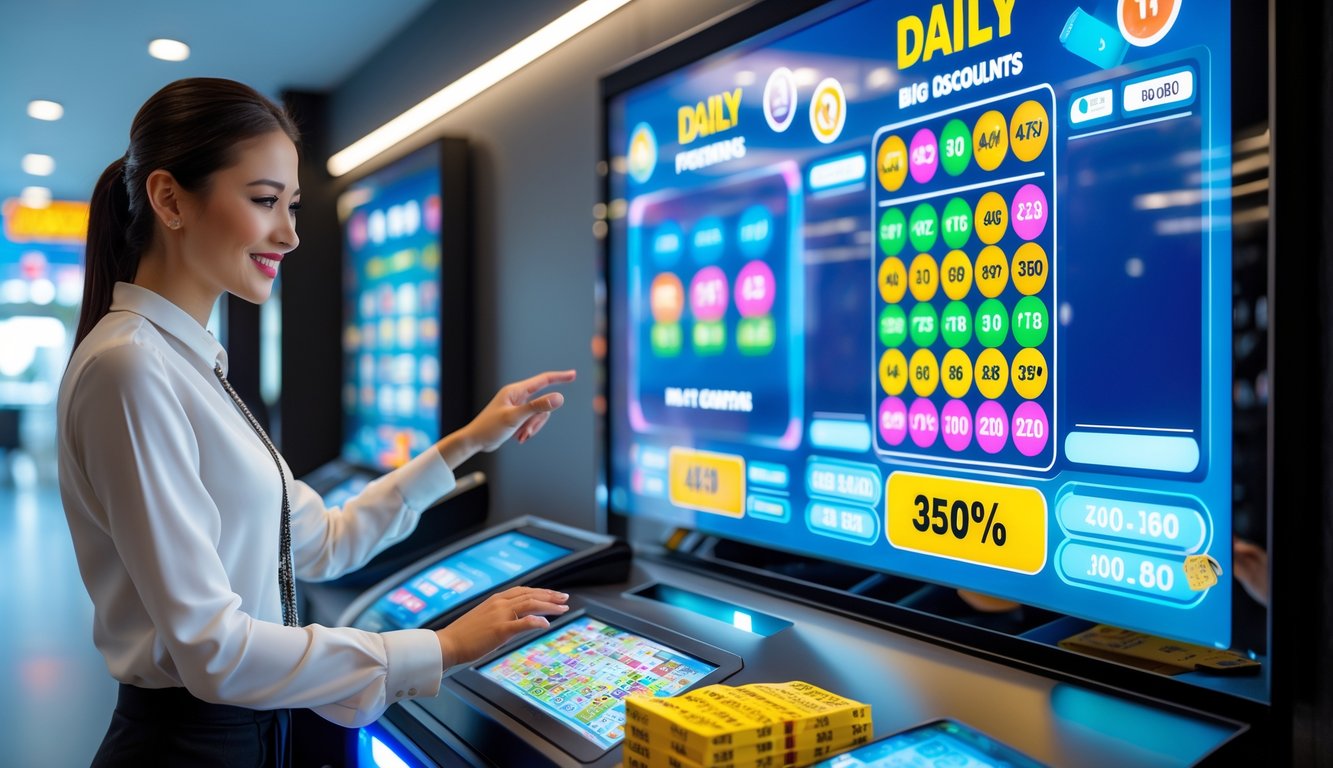 Seseorang menggunakan layar sentuh digital di lingkungan lotere modern dengan angka dan grafik warna-warni yang menunjukkan diskon besar setiap hari.