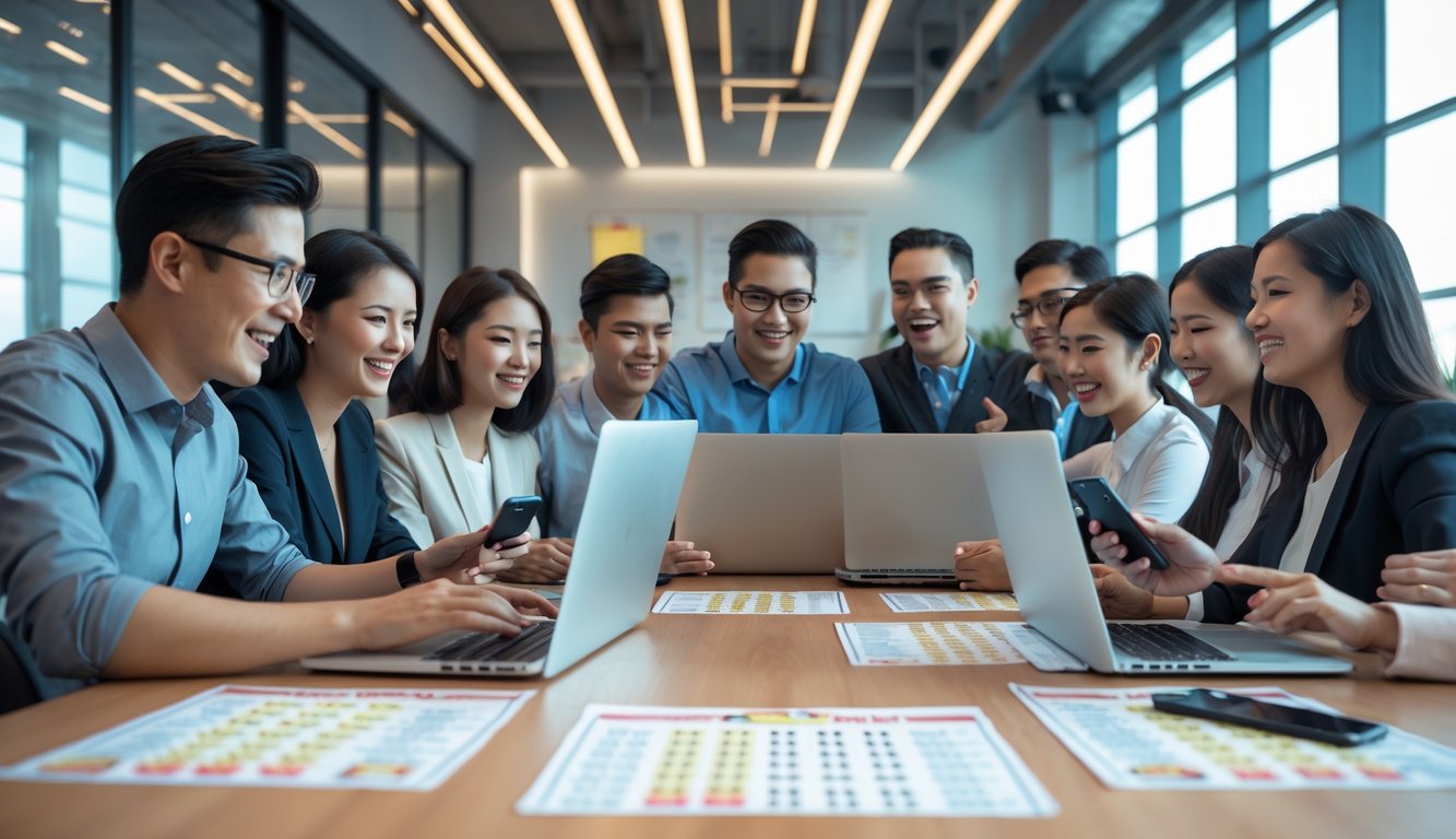 Sekelompok orang menggunakan laptop dan ponsel di kantor modern dengan suasana profesional dan penuh antusiasme.