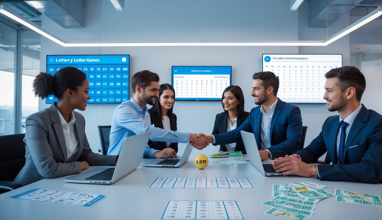 Suasana kantor agen togel dengan beberapa orang profesional bekerja bersama di meja dengan laptop dan tiket togel, menunjukkan kepercayaan dan sistem permainan yang adil.