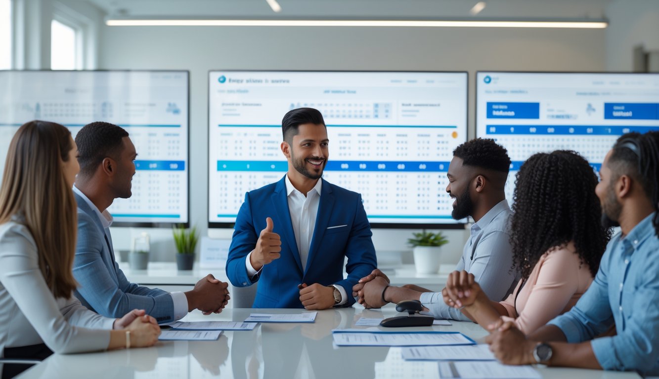 Seorang agen togel profesional sedang berinteraksi dengan pelanggan di kantor yang terang dan bersih, menunjukkan suasana kepercayaan dan kejujuran.