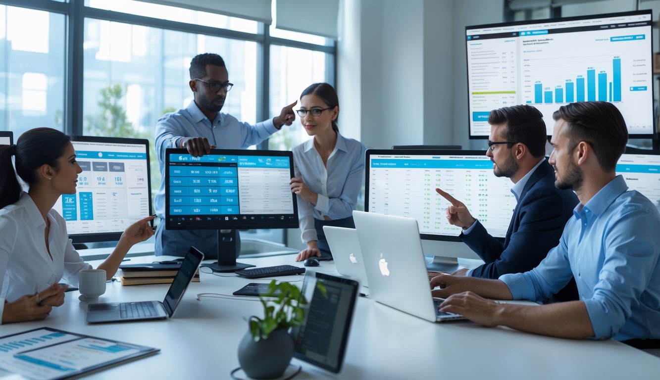 Sekelompok orang sedang berdiskusi dan menganalisis data di kantor modern dengan beberapa layar komputer yang menampilkan grafik dan angka.