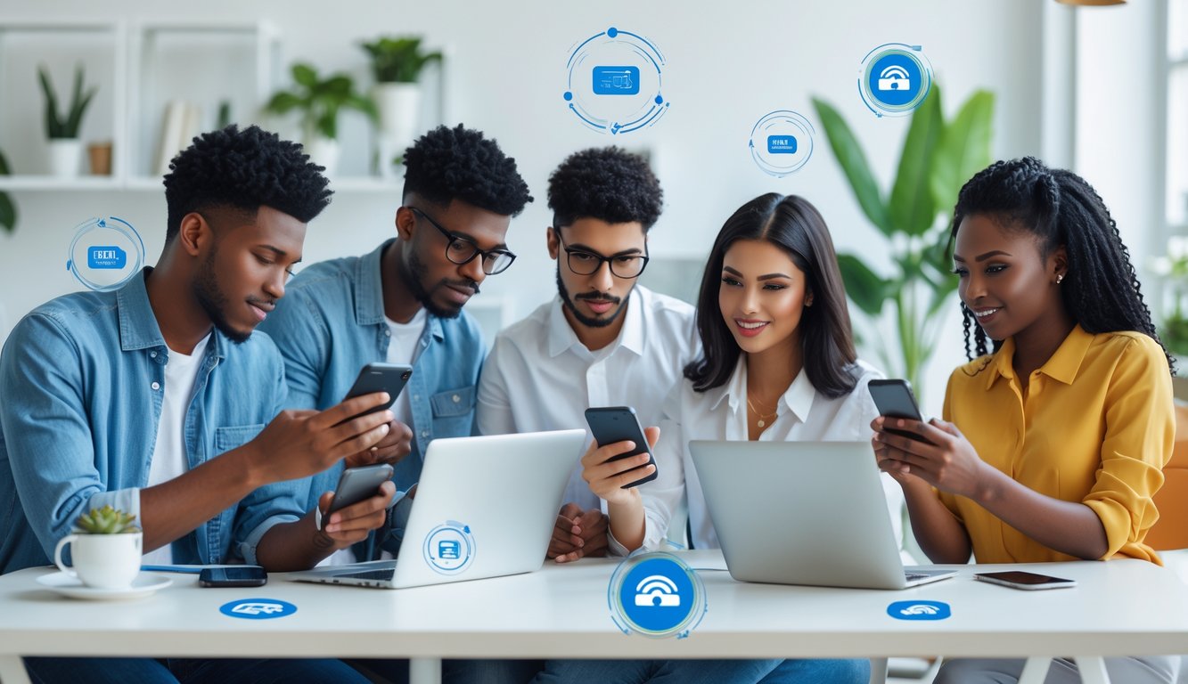 Sekelompok orang muda menggunakan perangkat digital untuk transaksi perbankan dan dompet elektronik di kantor modern.