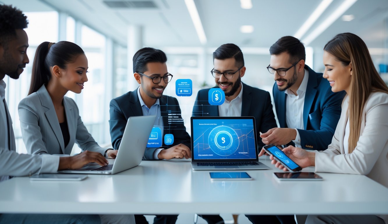 Orang-orang sedang bekerja bersama di kantor modern dengan perangkat digital yang menunjukkan grafik keuangan dan ikon dompet elektronik.