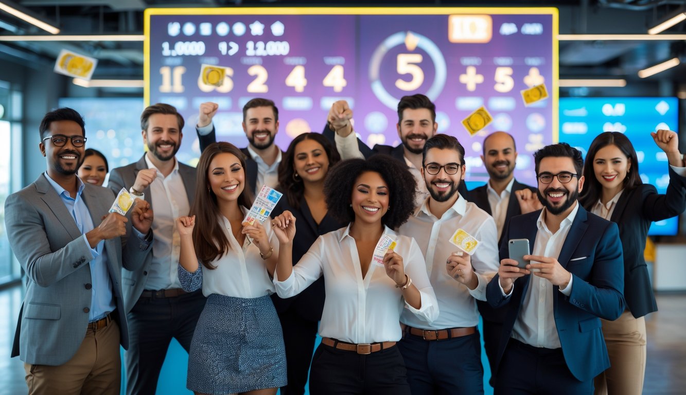 Sekelompok orang yang bahagia merayakan promosi khusus di kantor modern dengan suasana profesional dan alat elektronik.