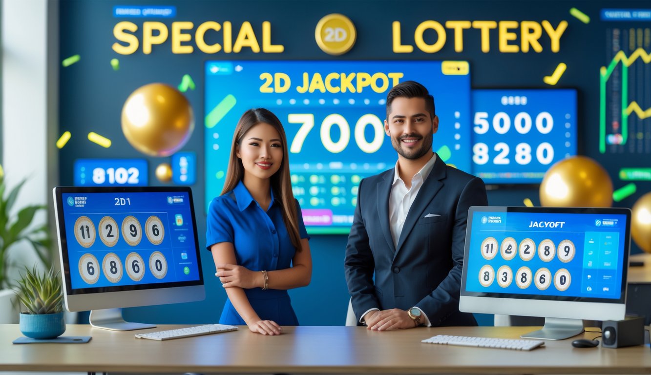 Dua agen layanan pelanggan di kantor modern dengan layar komputer menampilkan angka togel dan simbol jackpot, suasana profesional dan ramah.