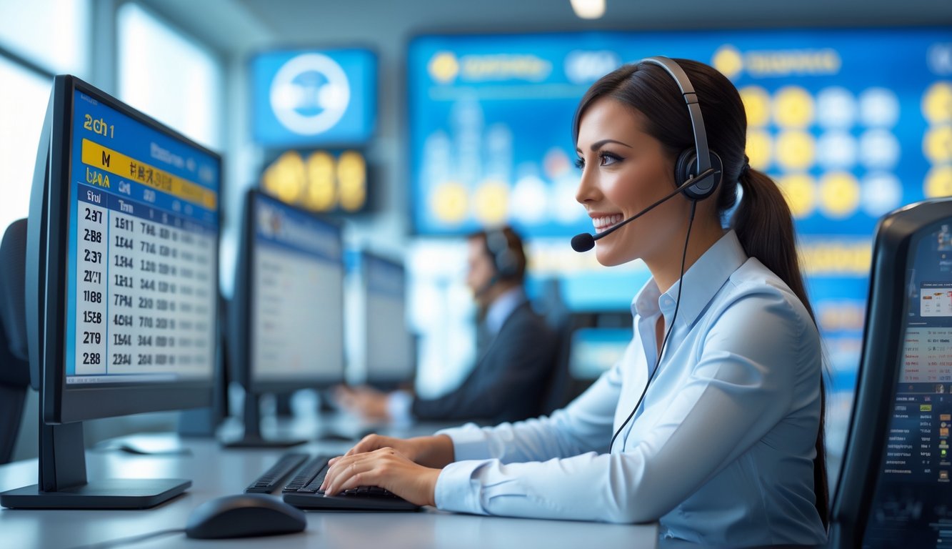 Seorang petugas layanan pelanggan yang ramah sedang bekerja dengan headset di meja kantor modern dengan beberapa layar komputer, di lingkungan kantor yang sibuk dan terang.