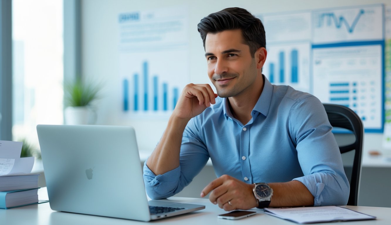 Seorang pria duduk di meja kantor dengan laptop dan ponsel, terlihat fokus dan tersenyum sambil merencanakan strategi.