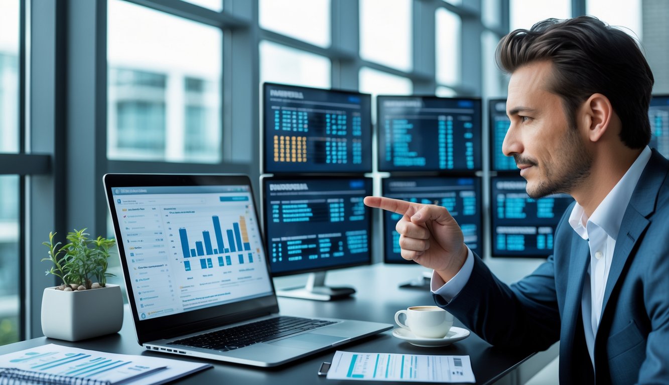 Seorang pria bisnis sedang menganalisis data dan grafik togel di kantor modern dengan jendela besar dan pencahayaan alami.