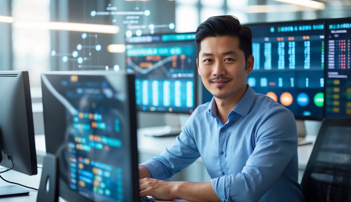 Seorang pria Asia duduk di meja kantor modern dengan beberapa layar komputer menampilkan grafik dan angka terkait permainan togel online.