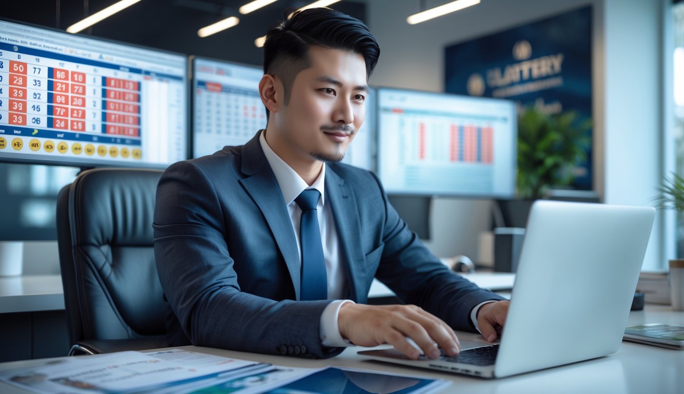 Seorang pria Asia Tenggara duduk di meja kantor modern menggunakan laptop dengan layar menampilkan data angka togel.
