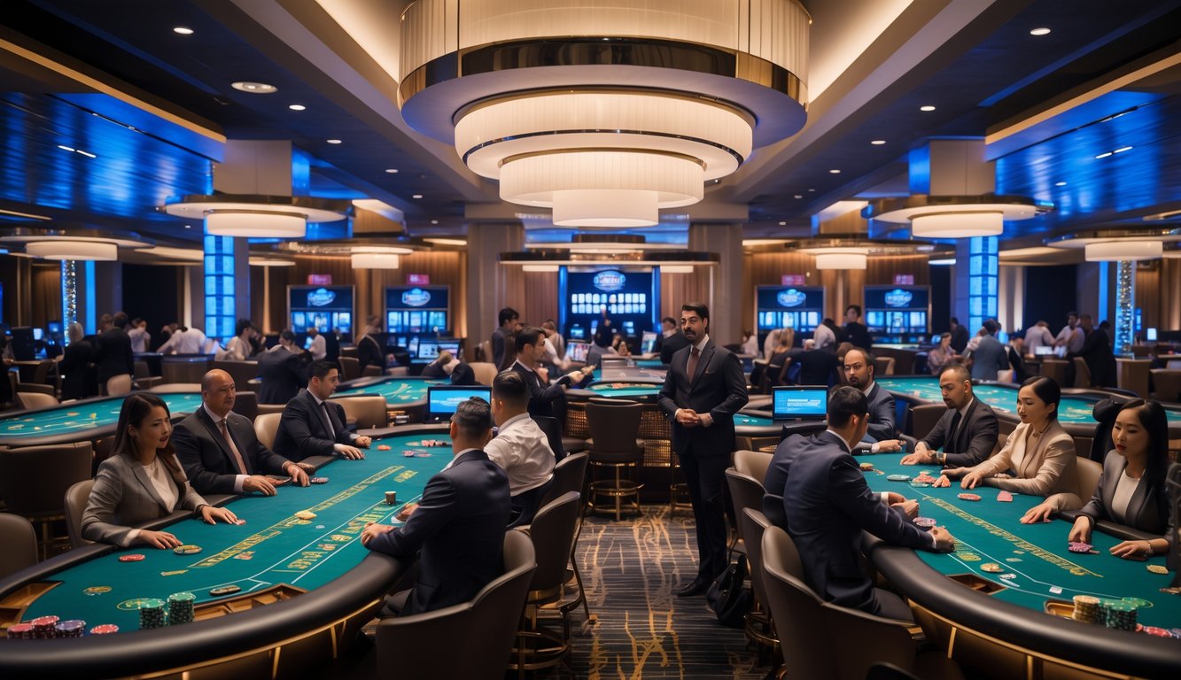 Suasana kasino modern dengan beberapa meja baccarat yang ramai dimainkan oleh pemain dan dealer profesional.
