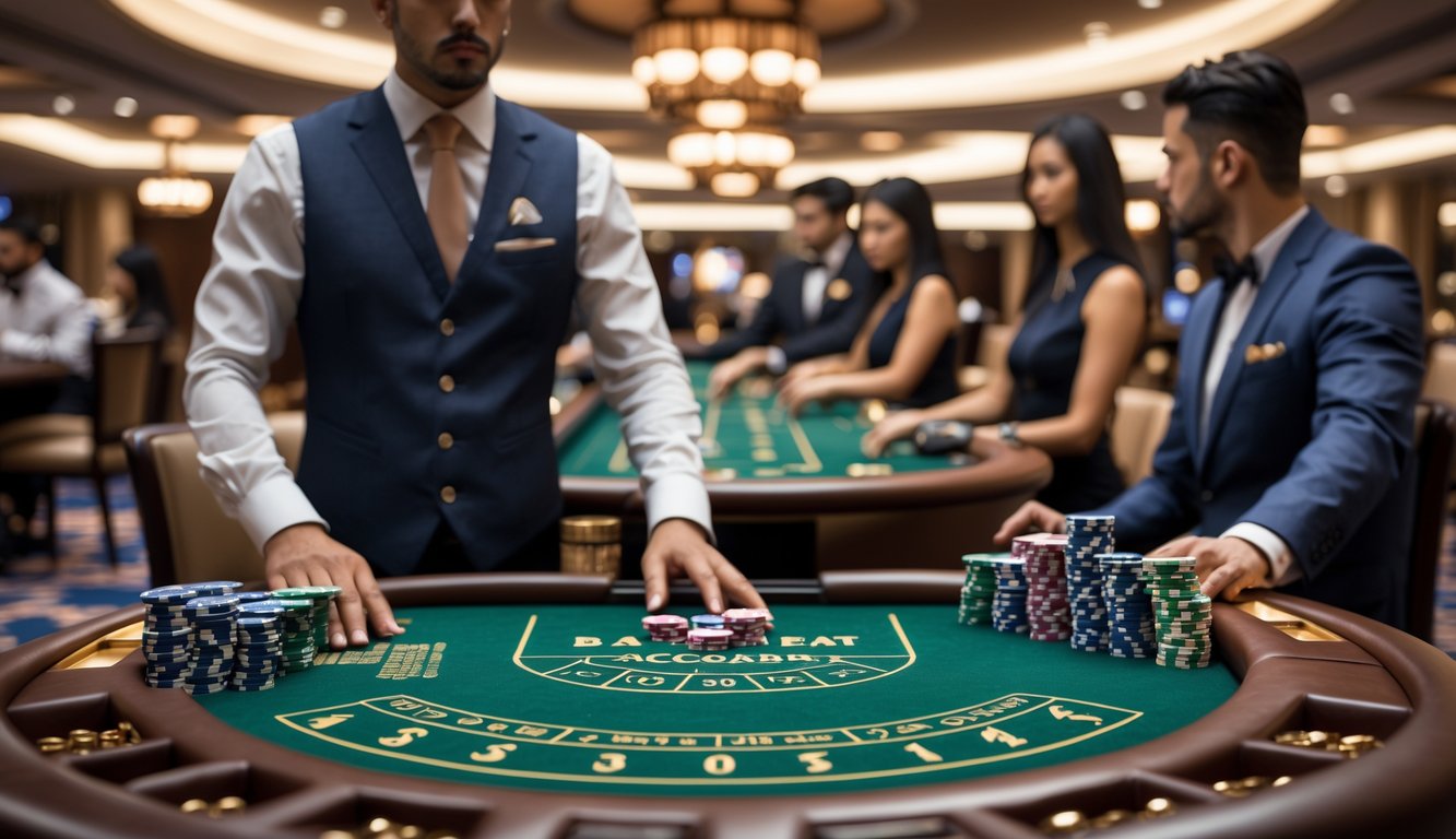 Suasana kasino dengan beberapa meja baccarat, pemain dan dealer sedang bermain dengan serius di ruangan yang terang dan rapi.