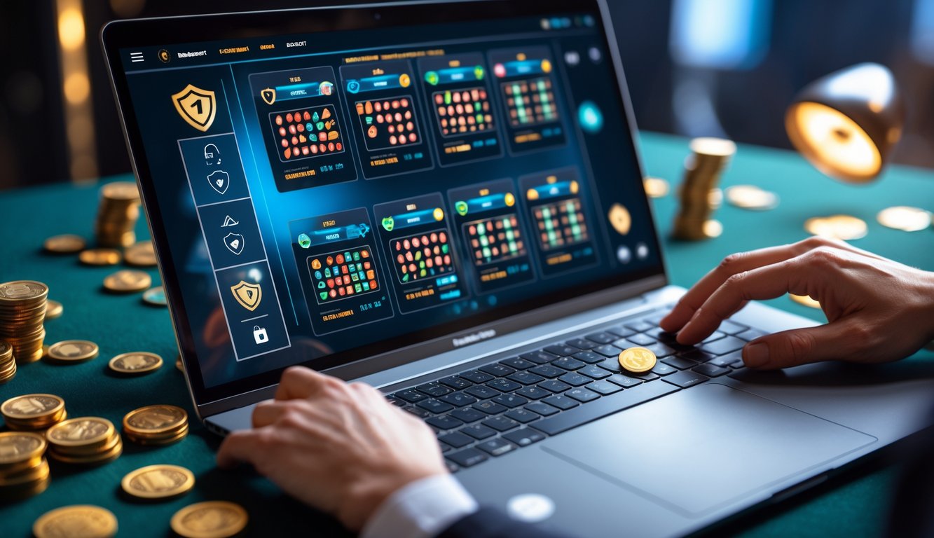 Layar komputer menampilkan beberapa meja permainan baccarat online dengan simbol keamanan dan tumpukan koin kecil di sekitarnya.