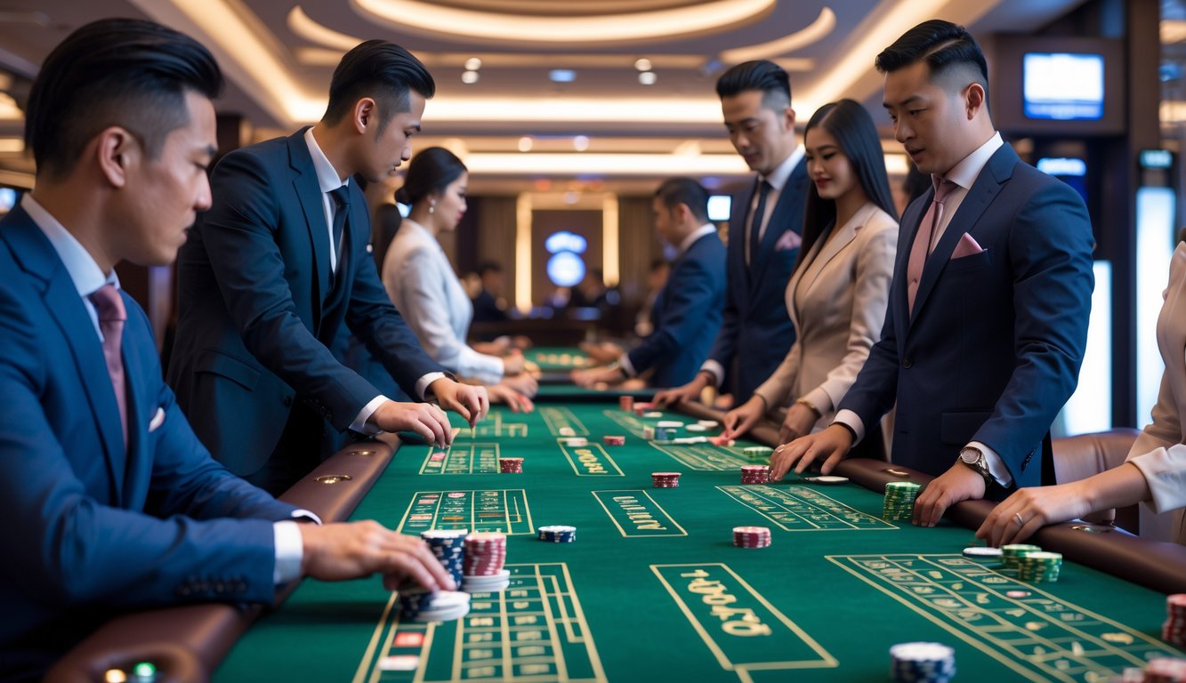 Suasana kasino modern dengan beberapa meja baccarat yang rapi, pemain dan dealer profesional sedang bermain dengan fokus dan serius.