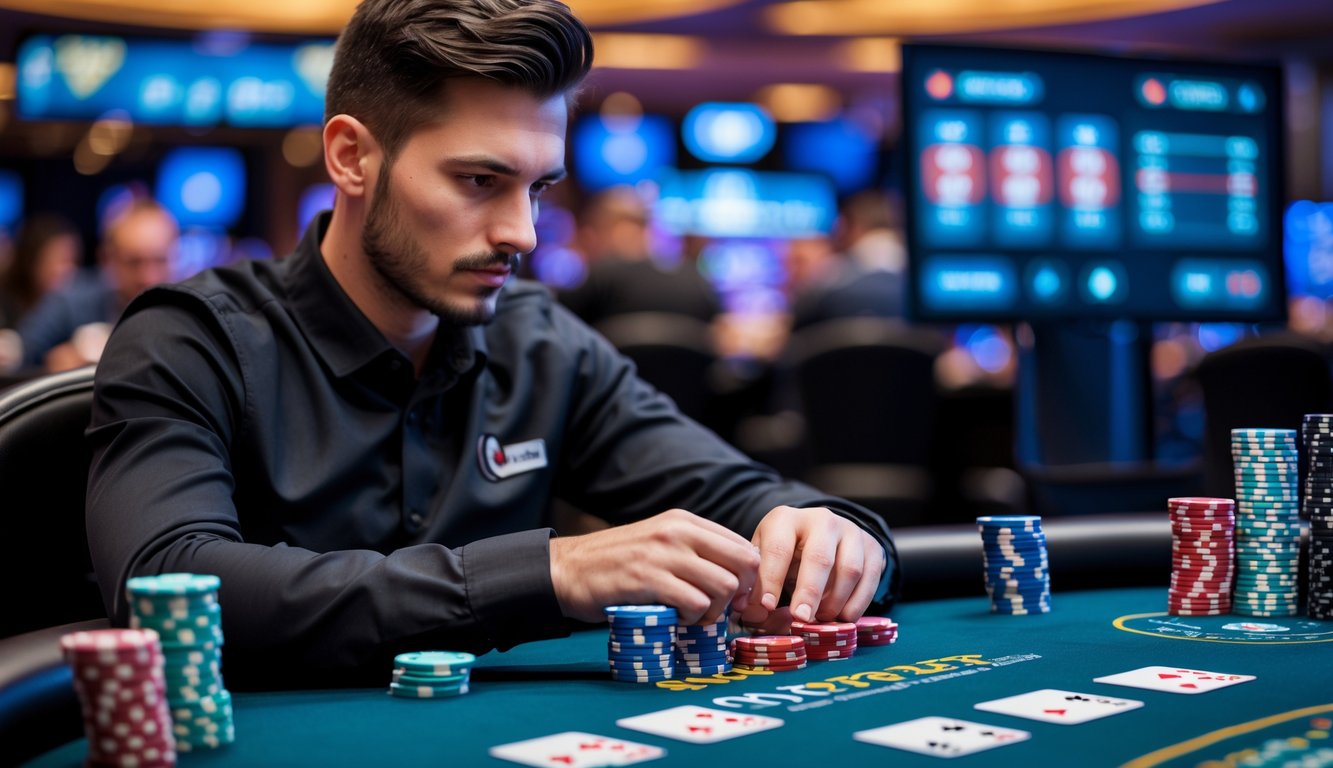 Seorang pemain poker yang fokus duduk di meja poker dengan kartu dan tumpukan chip, menunjukkan strategi dan manajemen meja.