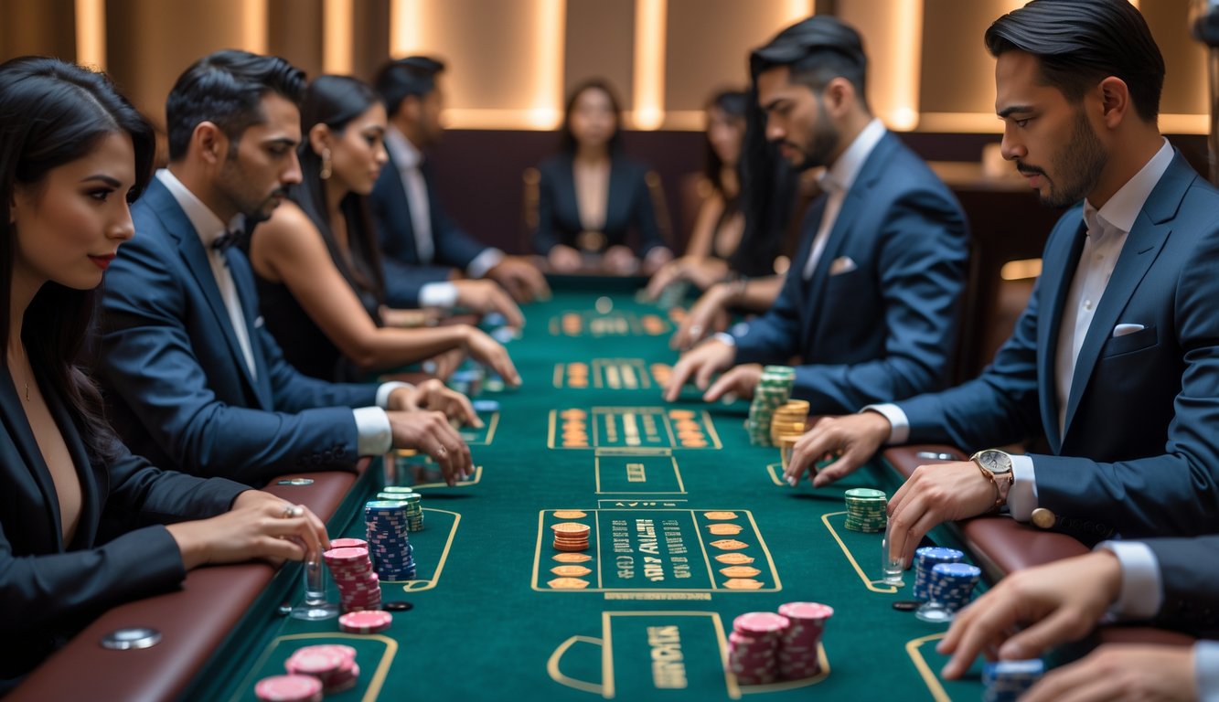 Suasana kasino modern dengan beberapa meja baccarat yang rapi, pemain dan dealer berpakaian rapi sedang bermain dengan fokus dan suasana yang profesional.