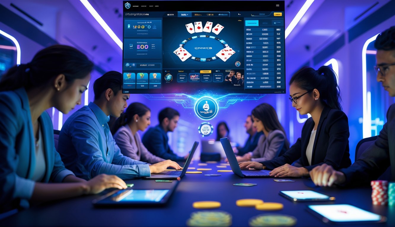 Beberapa orang bermain poker online menggunakan laptop dan ponsel di ruangan dengan pencahayaan biru dan ungu, menampilkan suasana kompetitif.
