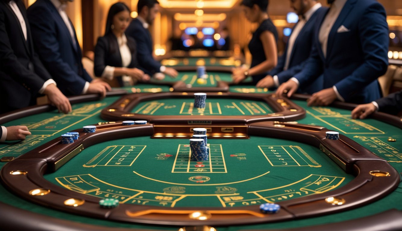 Meja permainan baccarat multitable dengan beberapa pemain dan dealer di kasino mewah.