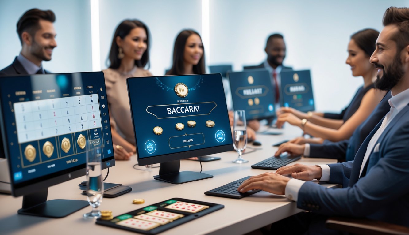 Beberapa orang sedang bermain baccarat online di depan beberapa layar komputer dengan suasana yang profesional dan terpercaya.