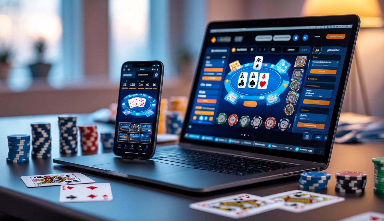Sebuah laptop dan ponsel menampilkan permainan poker online dengan chip poker dan kartu di meja yang rapi.