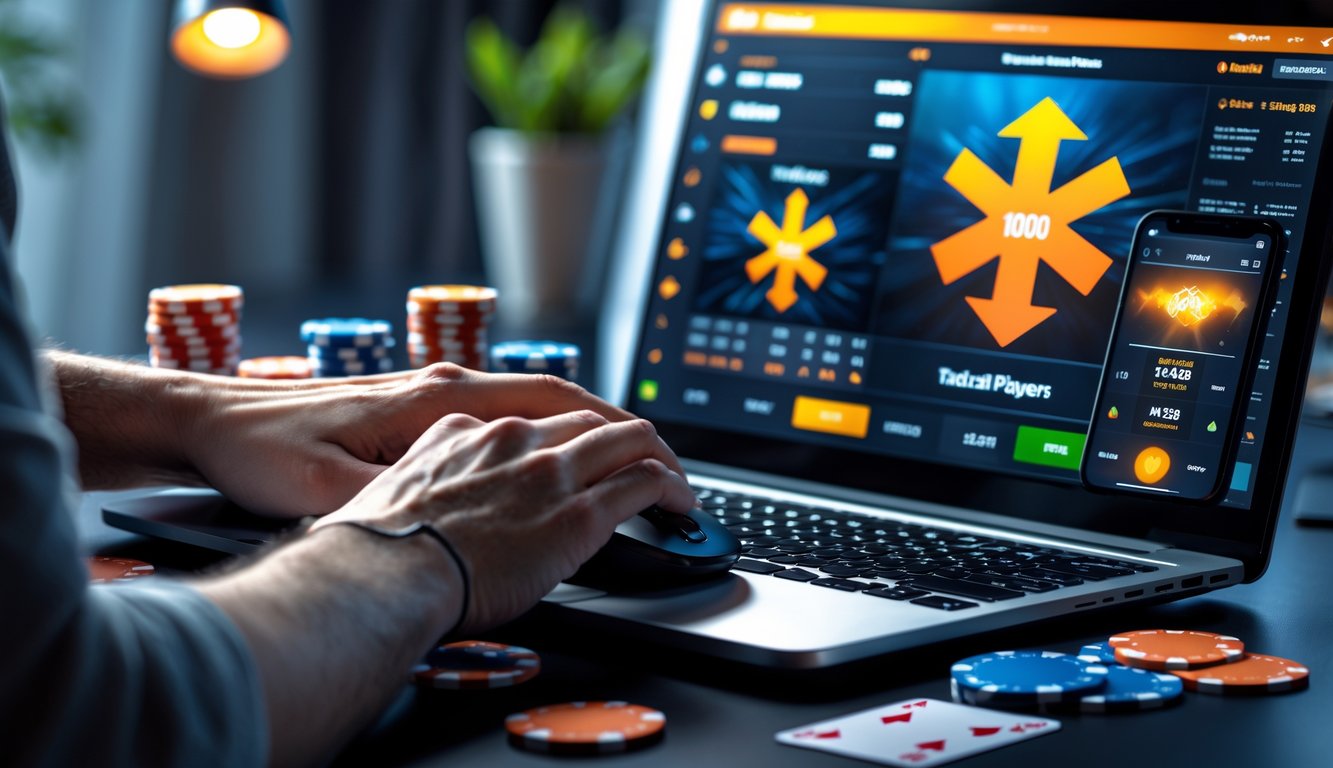 Seorang pemain poker online yang fokus menggunakan laptop dengan chip poker dan kartu di meja.