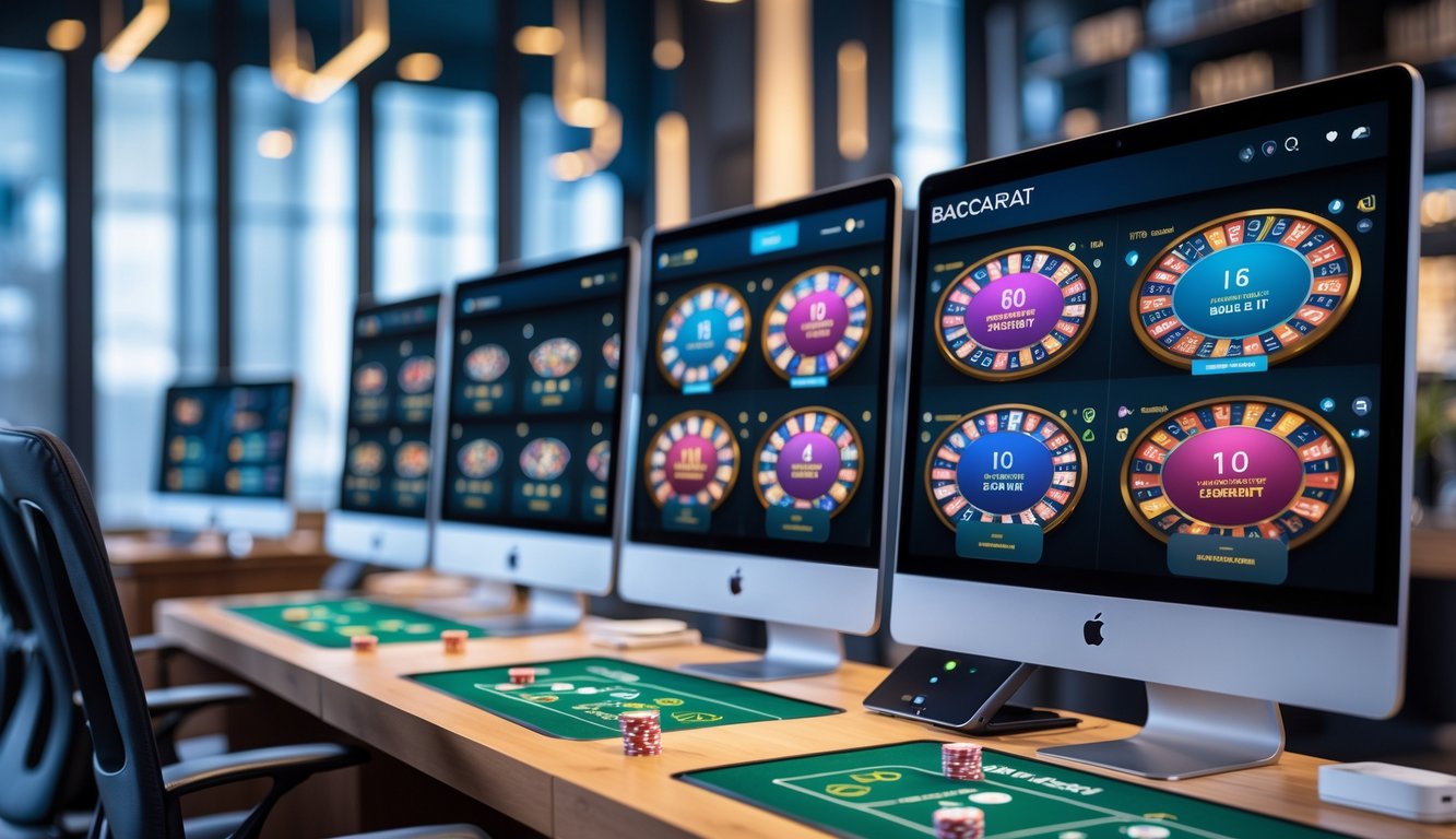 Beberapa layar komputer menampilkan permainan baccarat online dengan suasana kantor modern yang aman dan terpercaya.