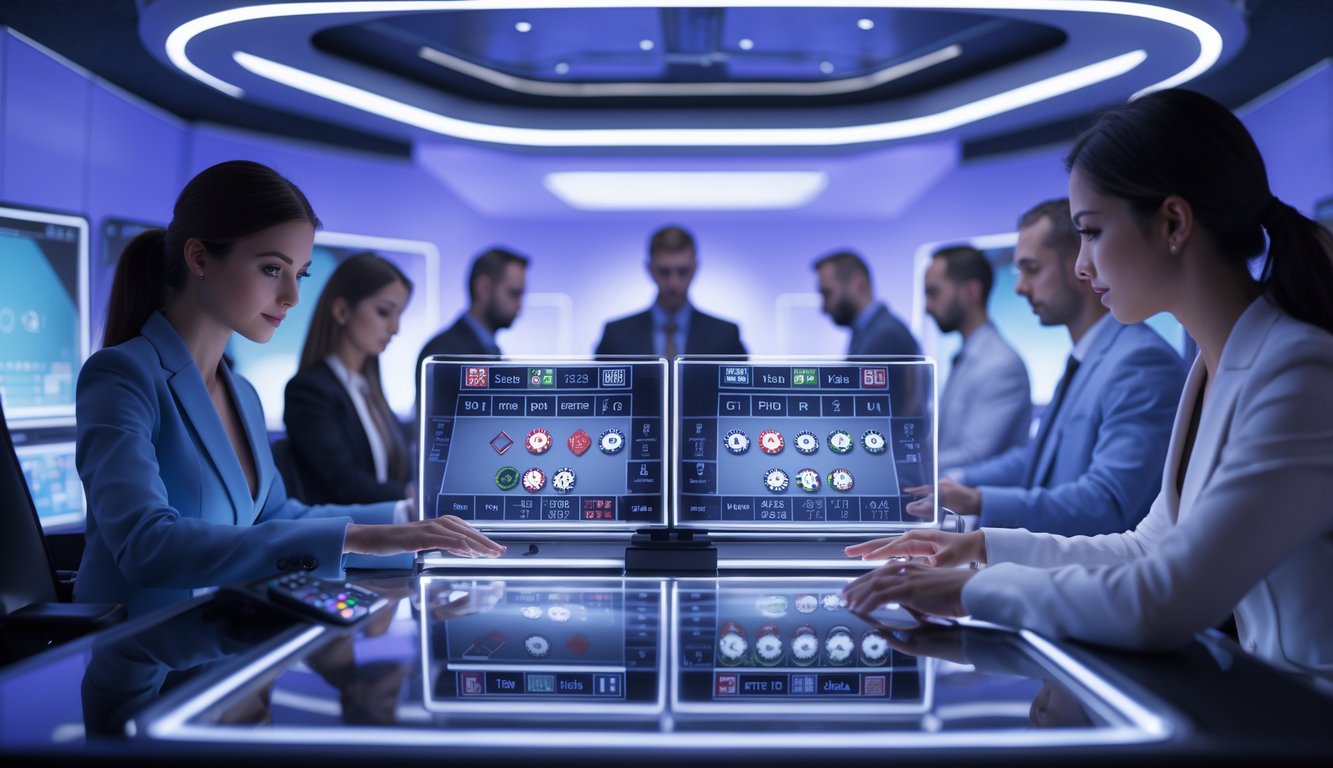 Beberapa orang profesional sedang menggunakan layar komputer transparan yang menampilkan permainan baccarat di sebuah ruangan modern dengan pencahayaan biru dan ungu.