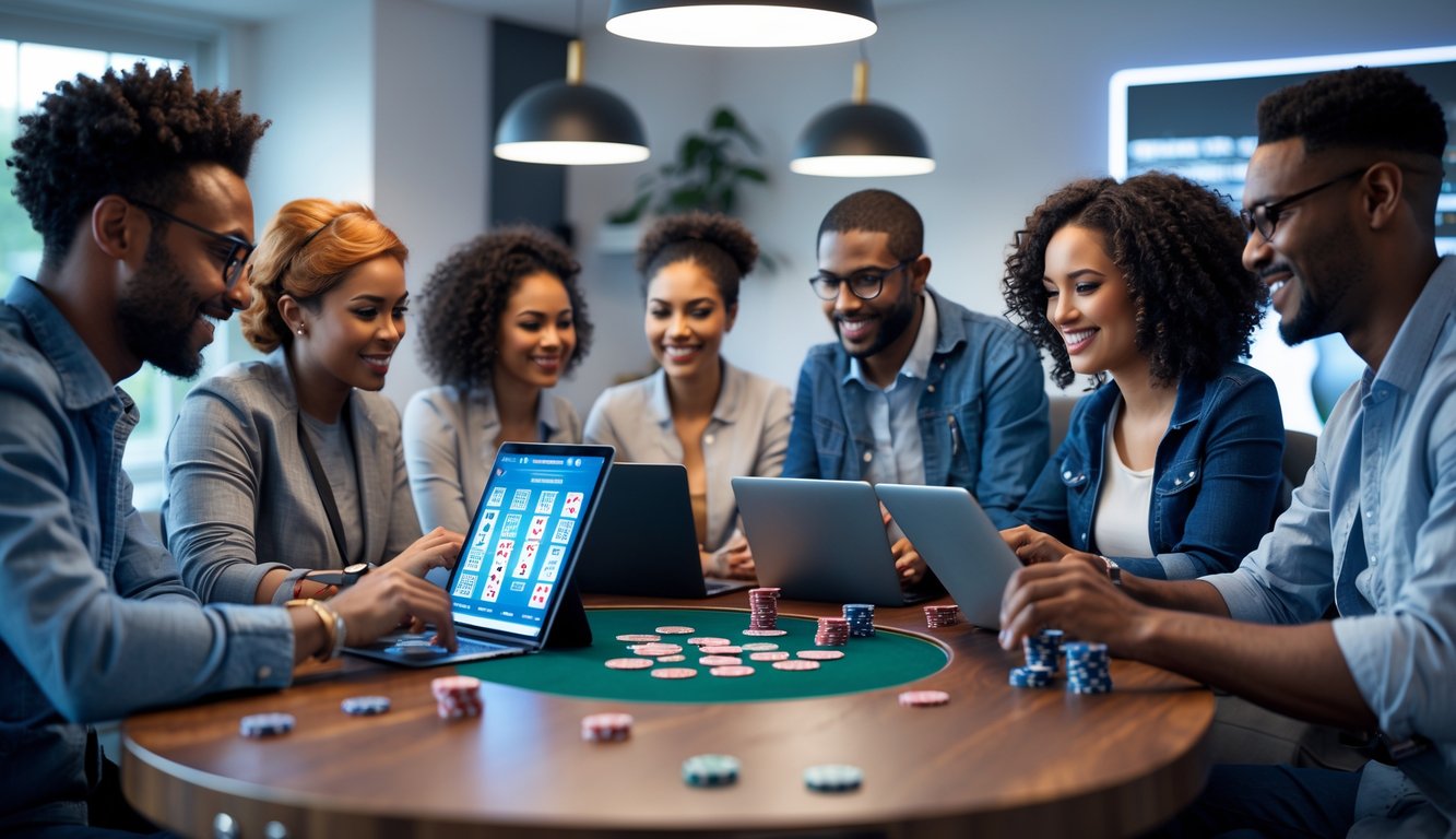 Sekelompok orang dari berbagai usia dan latar belakang bermain poker online menggunakan laptop dan tablet di sebuah ruangan modern.