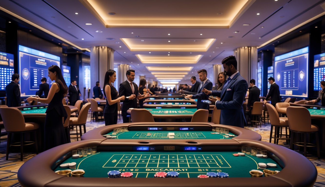 Suasana kasino mewah dengan beberapa meja baccarat dan dealer yang melayani pemain dalam ruangan yang terang dan modern.