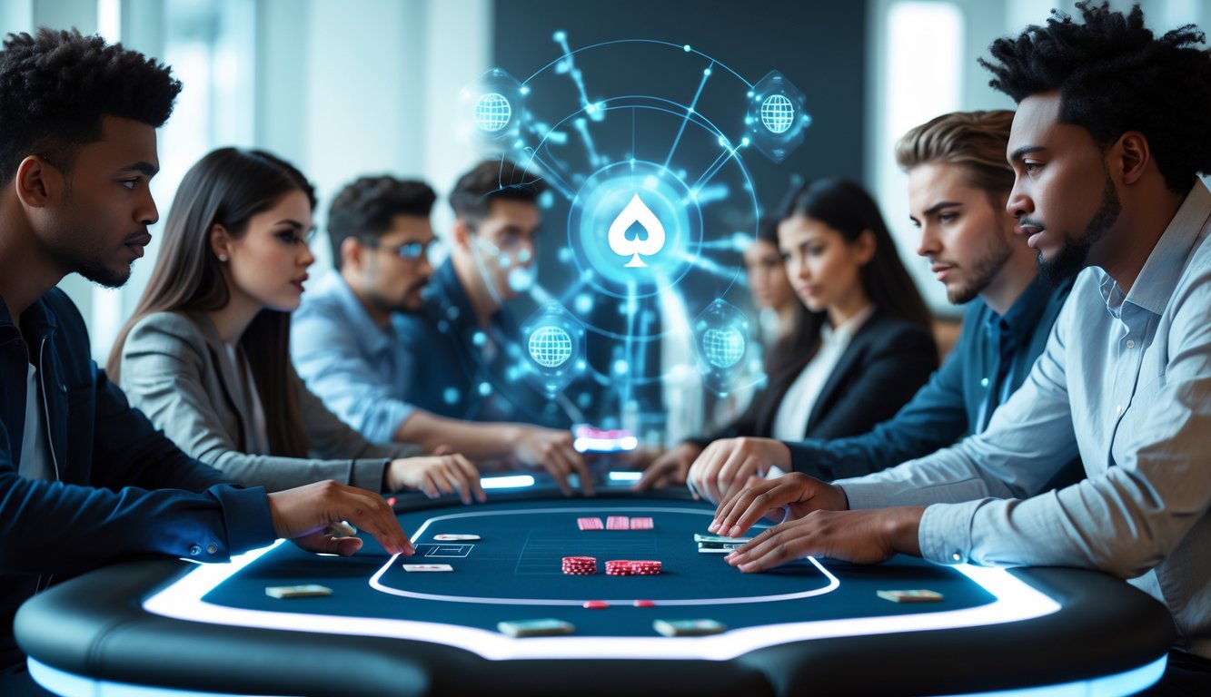 Beberapa orang muda bermain poker di meja digital modern dengan kartu dan tampilan layar sentuh yang terang.