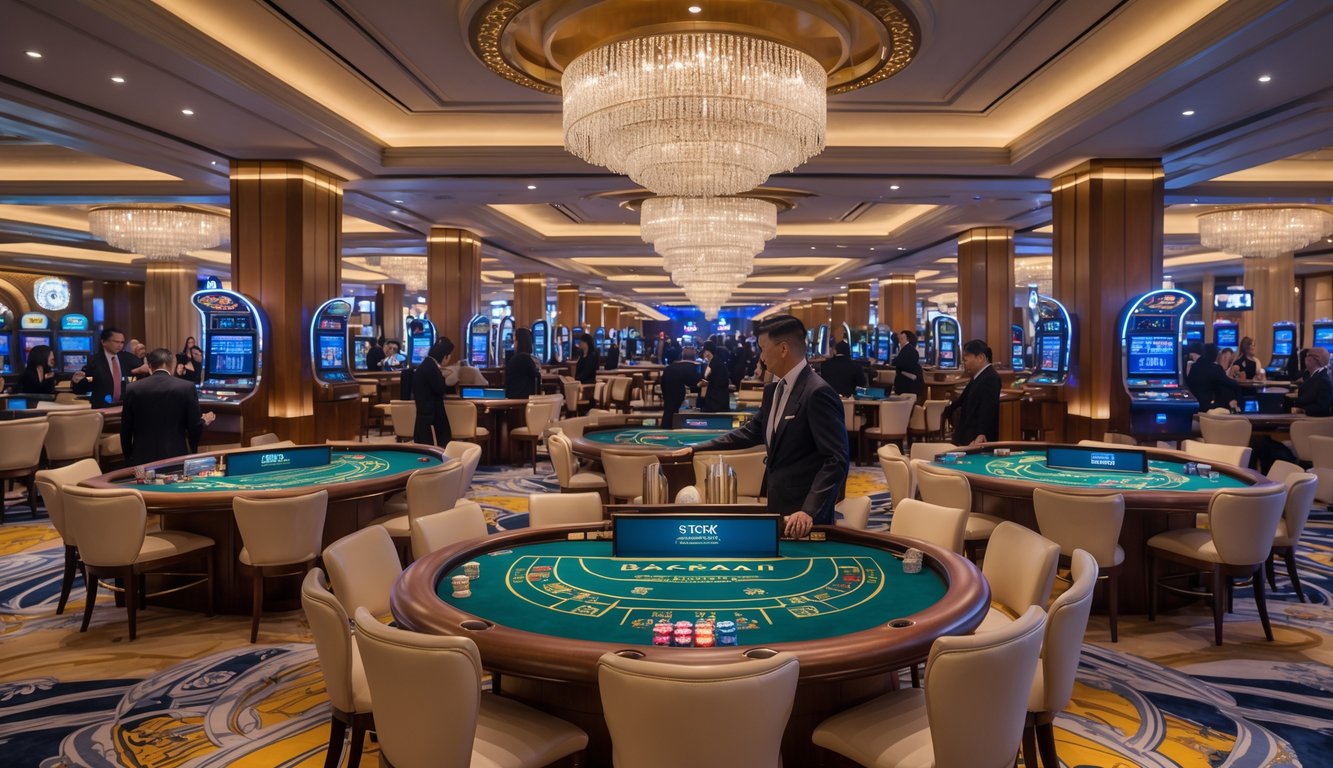 Ruangan kasino mewah dengan beberapa meja baccarat aktif dan pemain yang sedang bermain.