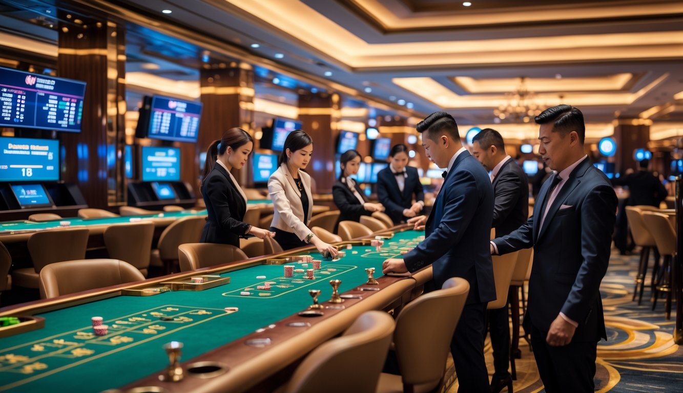 Suasana kasino mewah dengan beberapa meja baccarat aktif dan pemain serta dealer yang sedang bermain.